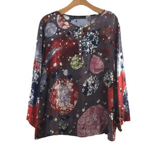 Zanzea Gray Red SPACE Print Henley Blouse Womens XXXXL Long Sleeve Sheer